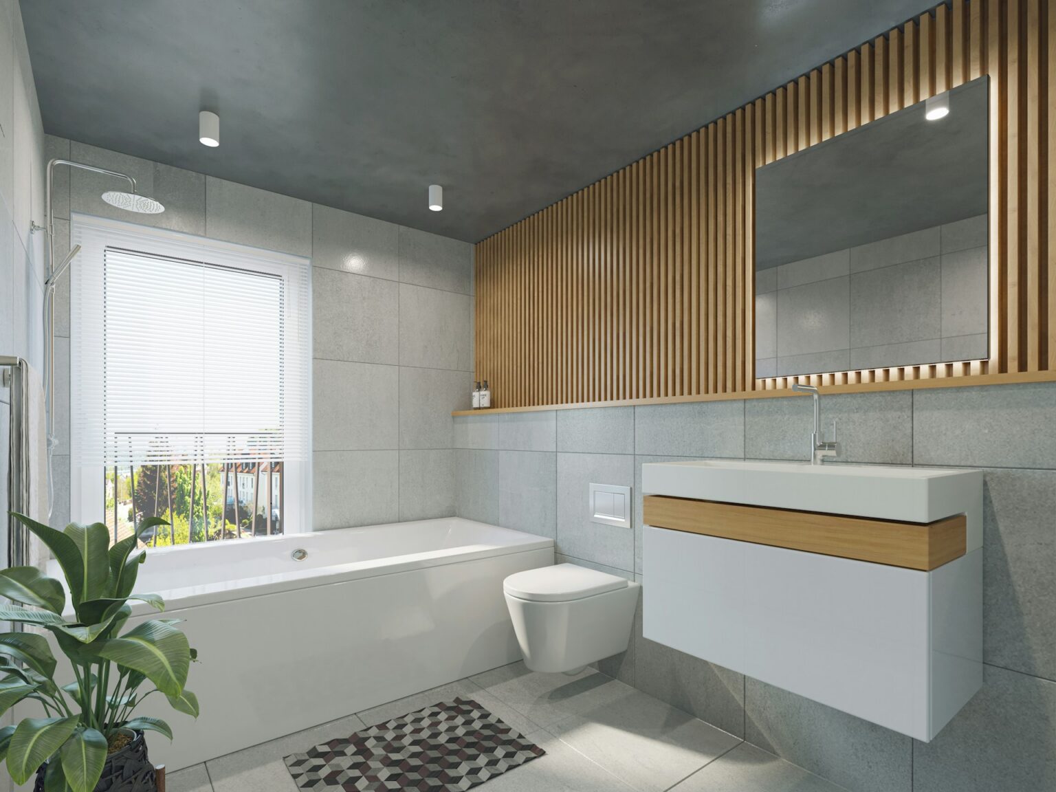 Modernes Badezimmer mit Dusche, WC und Waschtisch